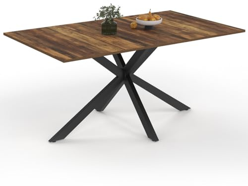 IDMarket – Mesa de comedor rectangular Alix 8 personas, pie araña negro y bandeja madera oscura Hawkins 160 cm