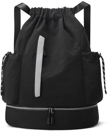 JELUTAR Drawstring Backpack for Men Women Water-Resistant Gym Bag with Shoe Compartment Lightweight String Sport Sackpack for Basketball Soccer Swimming and Travel, Black