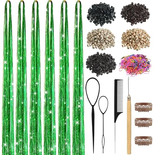 Green Hair Tinsel Kit for Girls 1800 Strands Fairy Tinsel Hair Extensions Holographic Hair Tinsel Heat Resistant Colored Hair Glitter Christmas Party Festival (Green)