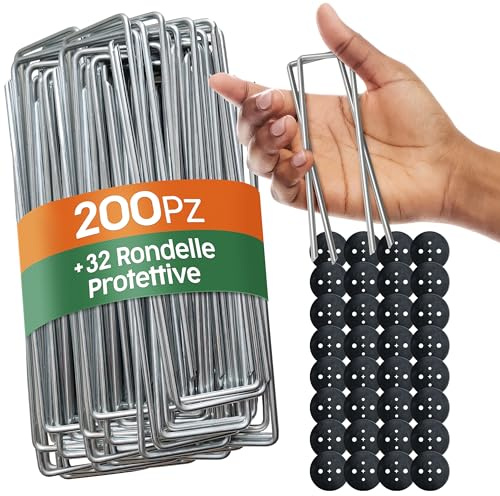 PORTENTUM Grapas Césped Artificial 200 Uds + 32 Arandelas – Piquetas Camping Suelo Duro – Estacas para Tomateras – Grapas Malla Antihierbas – 150 mm Alto – Ancho Ajustable – 3 mm Grosor