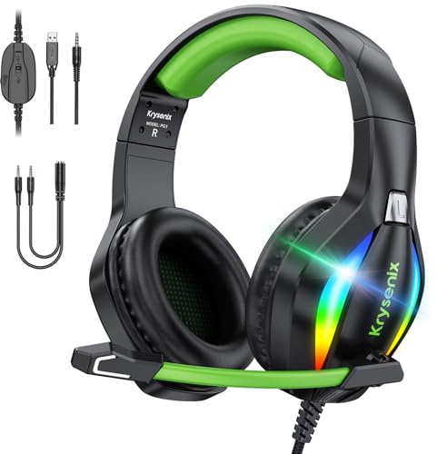 Krysenix PG1 RGB Gaming Headset für PS4, PS5, PC, Xbox,Switch, PS5 Gaming Kopfhörer mit LED Licht, Over Ear PC Headset mit Noise Cancelling Mikrofon und 3,5 mm Klinke,Dunkel grün