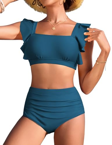 UMIPUBO Costume Donna Due Pezzi Bikini Vita Alta Curvy Pancia Pieghe Contenitivo Modellante Collo Quadrato Volant Mare Costume da Bagno Estivo