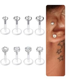 DJCIW 16G 12PCS Clear Bioflex Lip Labret Studs,Hypoallergenic Plastic Lip Rings Cartilage Earrings with Round Heart,Star Square Crystal Tops 6mm Length