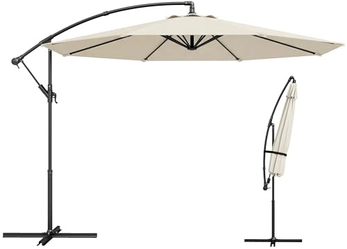Outsunny Parasol Excéntrico, Ø300 cm, Sombrilla de Jardín con Base Cruzada, Toldo Ajustable, Manivela, 8 Barras, UPF30+, para Terraza, Patio, Exterior, Blanco Crema