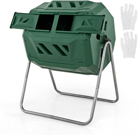 GYMAX Composteur de Jardin Rotatif à 360° pour Fermentation des Engrais | Tonneau à Compost 160 L à Double Chambre, pour Déchets de Cuisine, Feuilles Mortes, Outil de Jardinage