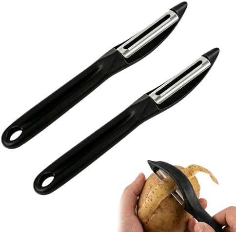 2 Peladores de Verduras Acero Inoxidable, Cuchillo Pelador de Patatas con Hoja Dentada, Utensilio de Cocina para Frutas y Verduras – Negro