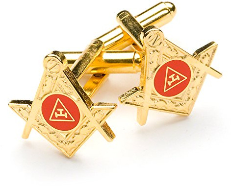 THE MASONIC COLLECTION - Gemelli rossi con simbolo tau dell'arco reale (quadrato e a forma di bussola) - placcati in oro - con sacchetto di velluto / scatola per gemelli - regalo massone per gli