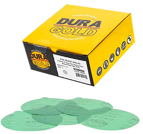Dura-Gold Premium 5 Green Film PSA Sanding Discs - 2000 Grit (Box of 50) - Film Back Self Adhesive Stickyback Sandpaper Discs for DA Sander, Finishing Abrasive, Sand Automotive Paint Woodworking Wood