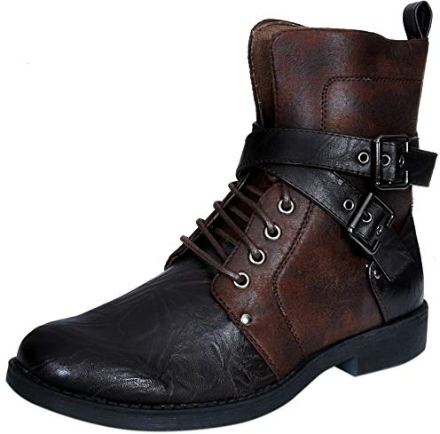 Hombre Punk Rock Gótico Elmo Marrón Botines Cremallera Motorista Hebilla de Cuero 42