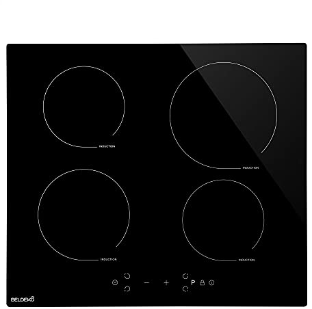 Table de cuisson induction 4 foyers – 7 900 W – BELDEKO – encastrable 56 × 49 cm – surface verre noire – touches sensitives – minuterie individuelle – verrouillage enfant