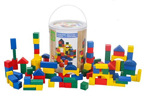 Marionette Wooden Toys Holzbausteine, 100 Stück bunt lackierte Holzklötze, 8 Formen, Trommel mit Tragegriff