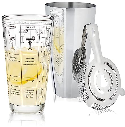 True 3-Piece Barware Set for Mixed Drinks and Cold Brew Cocktails, Includes Cocktail Shaker Tin, Cocktail Mixing Glass with 7 Printed Recipes, and Hawthorne Strainer, Home Bar Tools, Bartender Gifts