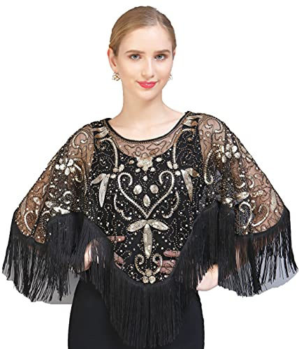 EORUBE 1920s Shawl Wraps Sequin Beaded Evening Cape for Gatsby Party Bridal Shawl Women Evening Cape Flapper Cover Up (Black Gold)