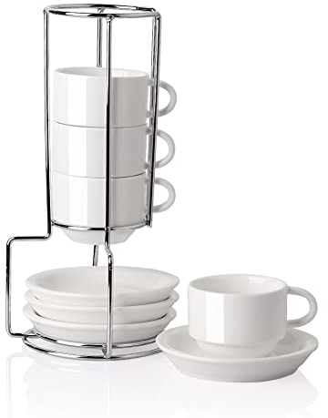 Sweejar Home Lot de 4 tasses à expresso en porcelaine avec soucoupes, 70 ml, empilables avec support en métal pour café, café, latte, thé (blanc)
