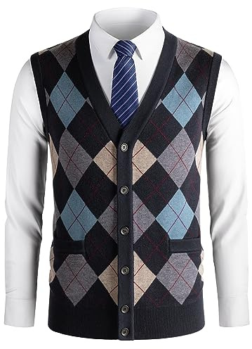 Herothorn Gilet Maglia da Uomo con Diamante Spesso Argyle Maglieria Senza Maniche Maglione Cardigan Scollo a V Smanicato Pullover Panciotto Canotte con Bottone