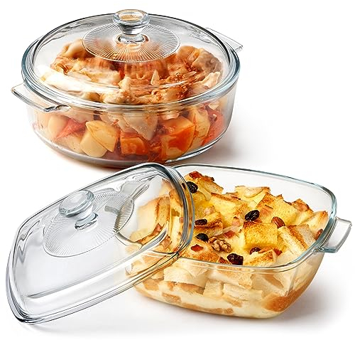 Set of 2 Small Glass Casserole Dish with Lid Oven Proof, (Square 1.5L+ Round-1.7L) Glass Oven Dish With Lid