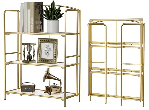 Crofy 3-Tier Wider Foldable Bookshelf, Gold Frame & Transparent Shelves