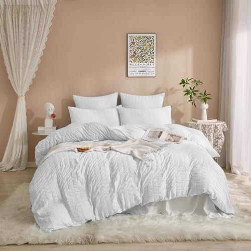 DXHOME Ropa de cama de verano Seersucker de 200 x 220 cm, color blanco liso, transpirable, suave, microfibra, funda nórdica con cremallera y 2 fundas de almohada de 80 x 80 cm