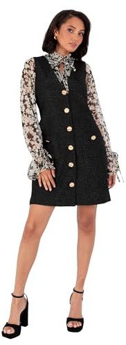 Lovedrobe Women's Mini Dress Ladies Sleeveless V-Neck Pinafore Rose Floral Jacquard Gold Button Pockets Smart Casual Office Wear, Schwarz 50