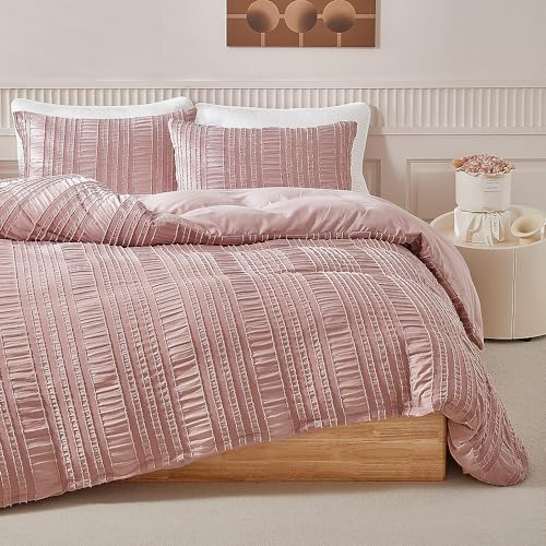 Nyescasa Seersucker Bettwäsche 135x200 2 Teilig Rosa Getuftet Gestreift Streifen Bettwäsche-Set Boho Bohemian Wendebettwäsche Weiche Mikrofaser Bettbezug mit Reißverschluss und Kissenbezug 80x80cm