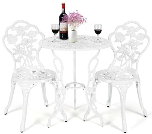 GIANTEX Salon de Jardin 2 Personnes en Fonte Aluminium, Table de Jardin Extérieure avec 2 Chaises, Trou de Parasol, Motif de Rose, Ensemble Table et Chaise pour Bistrot, Terrasse, Balcon (Blanc)