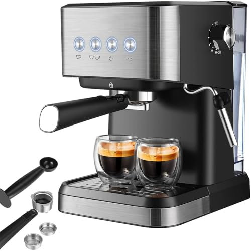 Machine À Expresso, Machine À Expresso en Acier Inoxydable avec Mousseur À Lait, Porte-filtre Deux en Un Et Réservoir D'eau Amovible de 1,5 L, Contrôle Intelligent de la Température pour Latte, Cappuc