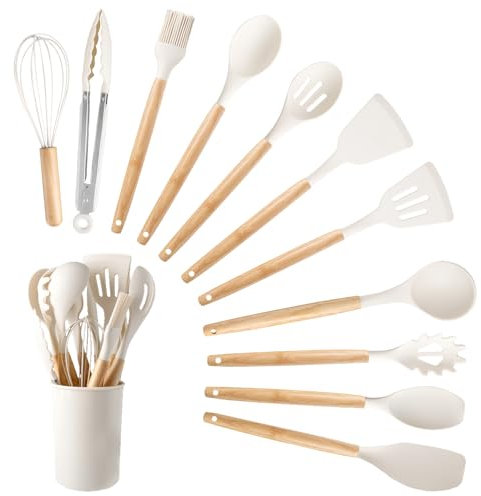 12PCS Ustensiles de Cuisine en Silicone, Ustensile Cuisine avec Porte-Ustensiles, Set Ustensile Cuisine Antiadhésifs avec Poignée en Bois, Cuisine Accessoires Passe au Lave-Vaisselle