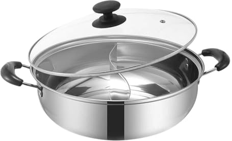 SiaBiced Olla Dividida de Acero Inoxidable para Preparar Comidas Variadas Cazo para Sopa con Separador Sartén para Hot Pot con Doble Asa Tapadera Incluida, 34 Cm