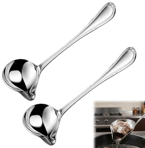 ikBrtaiay Juego de 2 cucharones de acero inoxidable, 20 cm, cucharón para salsa, cucharón de sopa con vertedor, cucharón para salsas, cucharón de sopa, pequeño para reuniones familiares y cocinas