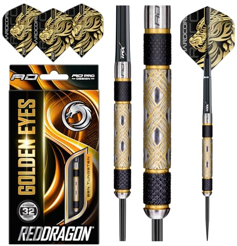 RED DRAGON Darts – Golden Eye 32g– Professionelles 85% Wolfram-Dart-Set mit Dartflüge und Dart-Schäften