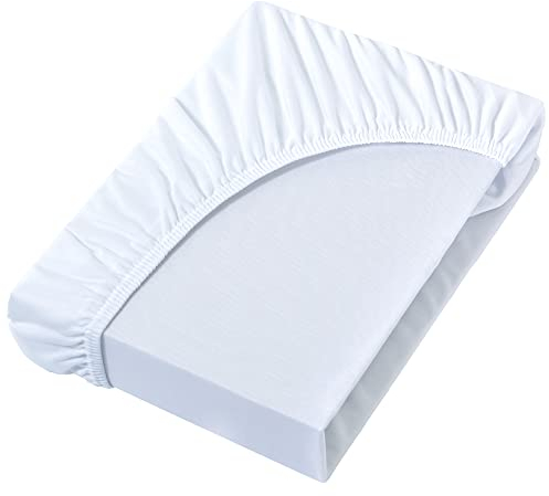 NatureMark Jersey Spannbettlaken, Spannbetttuch 100% Baumwolle in vielen Größen und Farben MARKENQUALITÄT ÖKOTEX Standard 100 | 200x220 cm +40 Steg - weiß