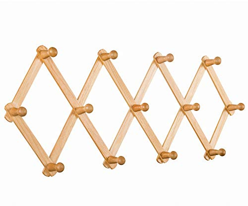 AITUFIY Wall Expandable Coat Rack Accordion Style Hat Rack Coffee Mug Hanger 13 Wood Pegs/Hooks Hang Key Bag Umbrella Necktie Purse (Natural)