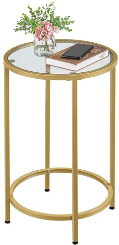 Yaheetech Round Side Table, Small Glass Coffee Table With Sturdy Metal Frame, Modern End Table with Tempered Glass Top, Sofa Table for Living Room/Bedroom, Gold