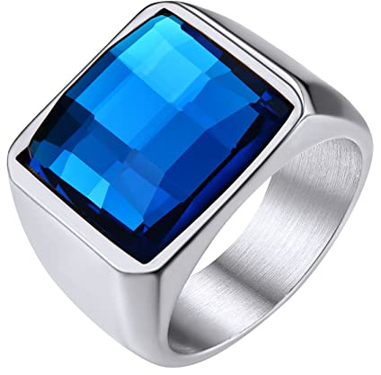 GoldChic Anillo Promesa Sello Cuadrado Acero Hombre Esposo, Incrustado Cristal Azul Talla 67 Anillo Titanio