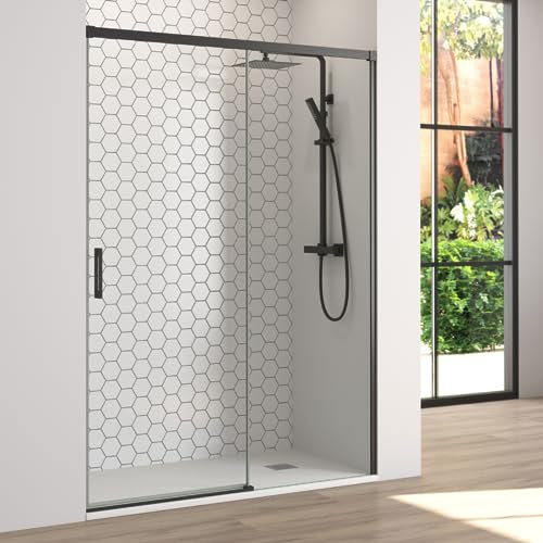 Mampara Ducha Frontal Corredera 1 Puerta Corredera 1 fijo | Cristal templado 6mm Antical Transparente | Altura 195cm | Perfilería Negro Mate | 115cm (Adaptable 109-114cm)