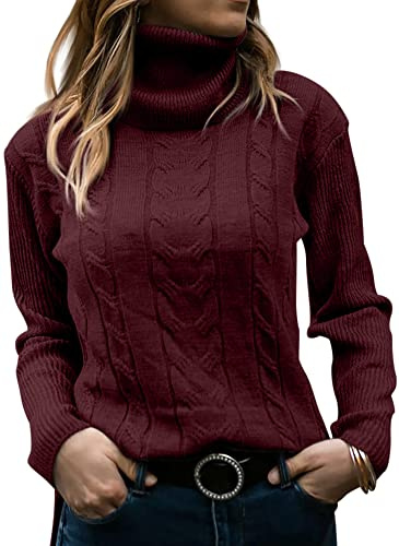 GeGekoko Womens Turtleneck Sweaters Cable Knit Long Sleeve Tops Pullover Soft Jumper Wine