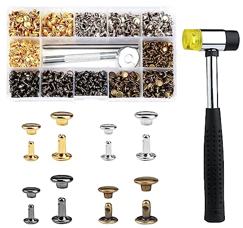 480 Rivets en Cuir Set, 2 Tailles Double Rivet Couture, Rivet Cuir, Rivets pour Cuir avec 2 Pièces Outil de Fixation et Marteau Poinçon pour Artisanat en Cuir Rivets Sac, Vestes (4 Couleurs)