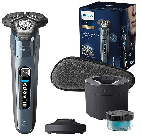 Philips Shaver S8000 – Elektrischer Nass-& Trockenrasierer mit SkinIQ Technologie in Eisblau mit integriertem, ausklappbarer Trimmer, Ladestation, Reinigungsstation & Reiseetui (Modell S8692/55)