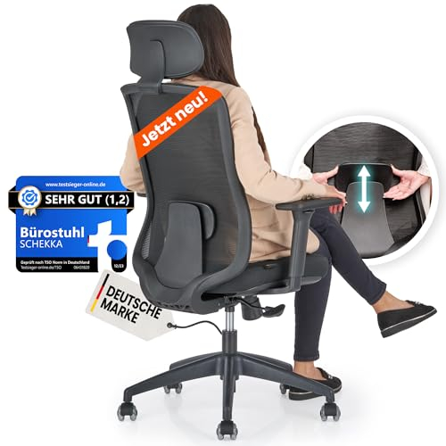 SCHEKKA® Bürostuhl Ergonomisch Testsieger - Besonders individuell Einstellbarer Schreibtischstuhl mit Kopf- & Lordosenstütze, 3D Armlehnen & atmungsaktives Mesh - Bürostuhl 150 kg Schwarz