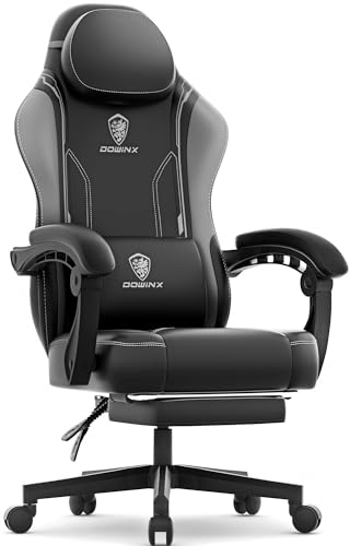 Dowinx Gaming Stuhl Racing Gamer Stuhl mit Frühling Kissen, Ergonomischer Gaming Sessel mit Massage Lendenwirbelstütze, Bürostuhl PU Leder PC-Stuhl Verbreiterte Rückenlehne 150KG, grau