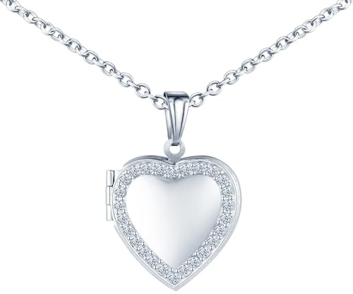 MICMIF Collar Medallón de Corazón con Circonia, Colgante Corazón Imagen para Foto Personalizada, Acero Inoxidable con Cadena 50 cm, Joyería Regalos para Novia Esposa Mamá