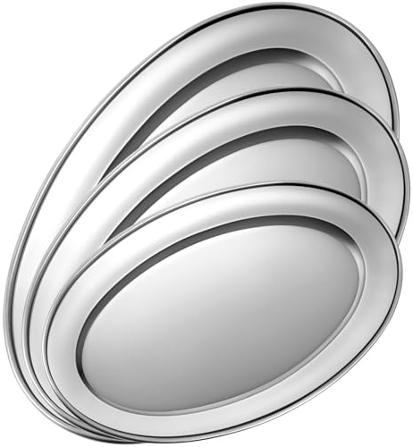 FoldTier 3 Pcs Stainless Steel Serving Tray Large Oval Platter Set, 11.8 13.8 15.7 Heavy Duty Metal Oval Serving Platter Mirror Polish Sizzle Plate for Fish Dessert Meat Sushi Birthday Wedding