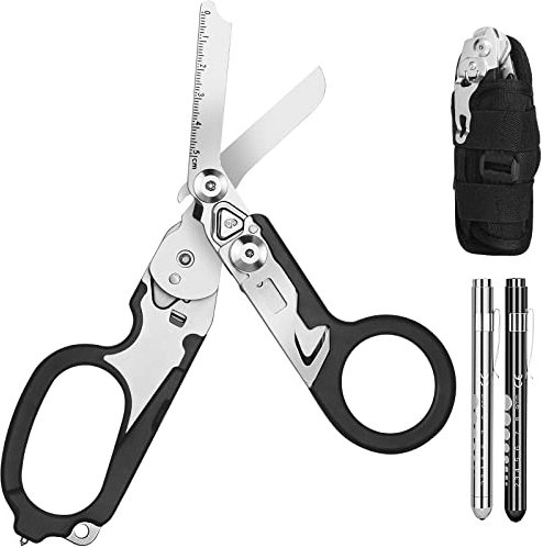 Awaiymi 6 In1 Multifunction Emergency Response Shears, Stainless Steel Foldable Trauma Shears with Strap Cutter and Glass Breaker,Medical Scissors with Holster and Penlight Black