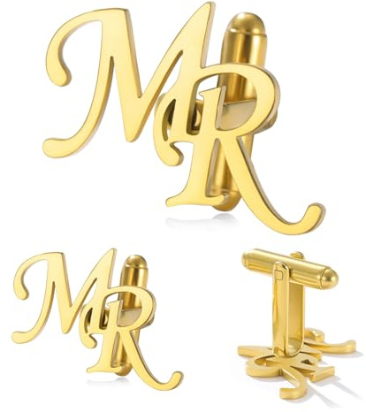 Dreamtimes Personnalisé boutons de manchette pour les hommes Personnaliser Mariage Cravate Clip Cufflink Set Initiale Lettre Nom Chemises Boutons de manchette pour les jeunes mariés Mari (or)
