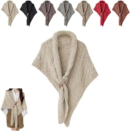 YGSIKY Knitted Triangle Shawl with Leather Buckle,Women's Warm Crochet Knit Shawl Wrap, Knit Scarf Cape,New Fall Winter Knitted Shawl, Multifunctional Triangle Shawl for Ladies (Beige,1PC)
