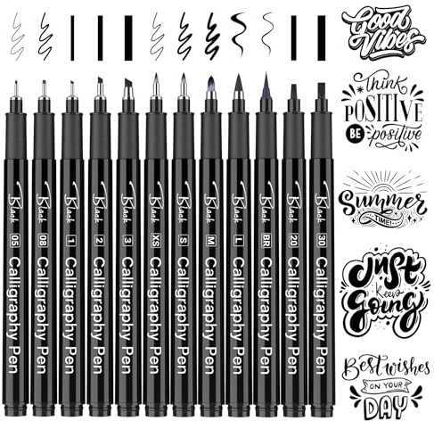 APOGO Calligraphy Pens, Black Calligraphy Set for Beginners, 12 Pack Fineliners Technical Drawing Pens, Calligraphy pens set for Calligraphy Book, Bullet Journal Accessories, Sketching, Illustration