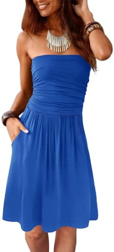 Alaster Queen Womenâs Sundress Bandeau Strapless Blue Summer Dress Cover Up Backless Sunny Beach with Pockets