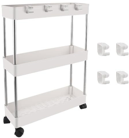 Zosenyer Rollwagen, 3 Ebenen Regal Küchenrollwagen, Bastelwagen auf Rollen für Küche, Büro, Bad, Kosmetikwagen, Badregal Schmal 13 cm, mit 6 Haken Kleiner Nischenwagen, Weiß