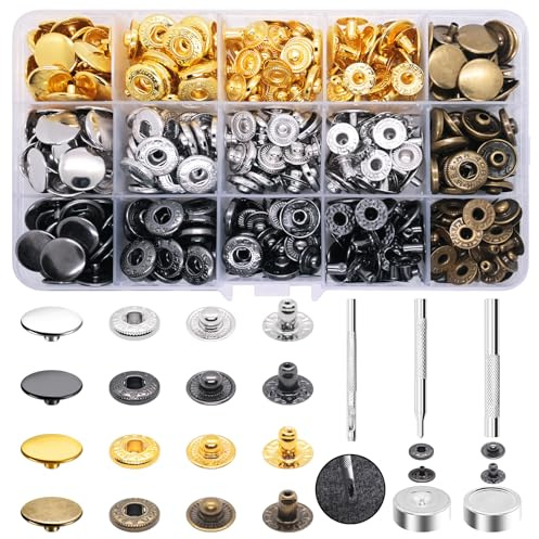 Omsscun 110Pcs Press Studs Snap Fasteners, 15mm Heavy Duty Leather Snap Fasteners, Press Stud Kit with 4 Setting Tools, 4 Colors Metal Snap Buttons for Clothing, Sewing, Jackets, Leather, Bags