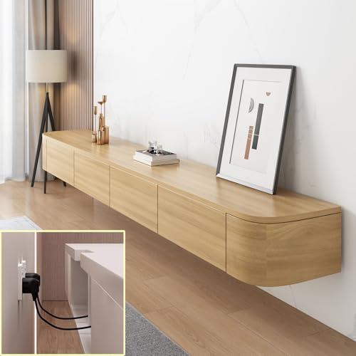 XDXINY Svävande TV-mediekonsol, väggskåp, TV-bänk, stor förvaringsenhet under TV, nedsänkt skåp med lådor och routerstativ (träfärg, 180 x 20 x 24 cm)